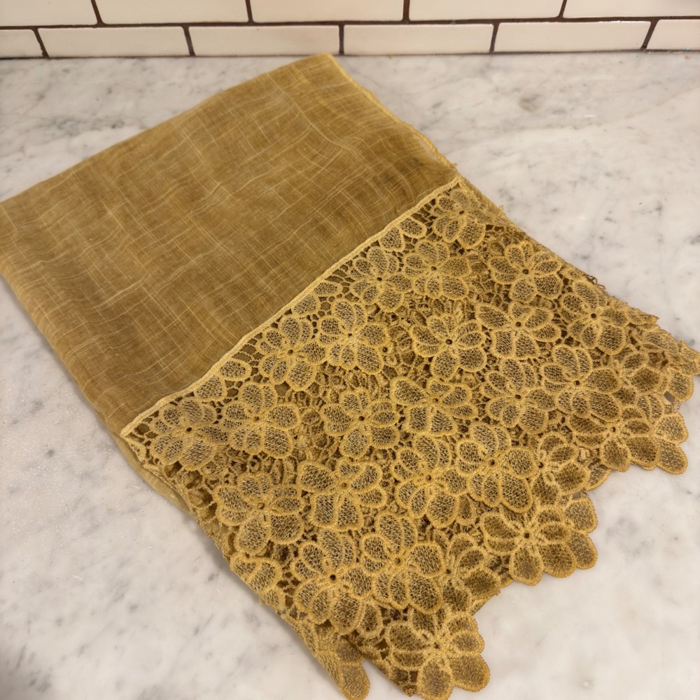 Sheer Lace Trim Scarf Shawl Wrap Gold Tan Lightweight 65% Cotton 35% Viscose